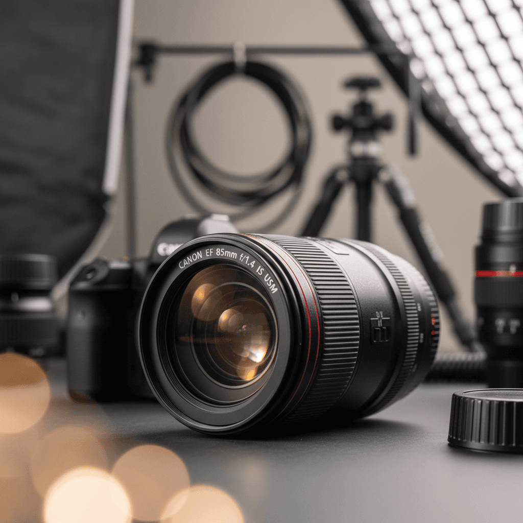 Close-up of professional camera lens detail