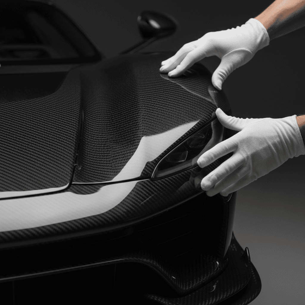 Expert hands inspecting carbon fiber composite panel, showcasing intricate weave patterns and material quality under dramatic lighting