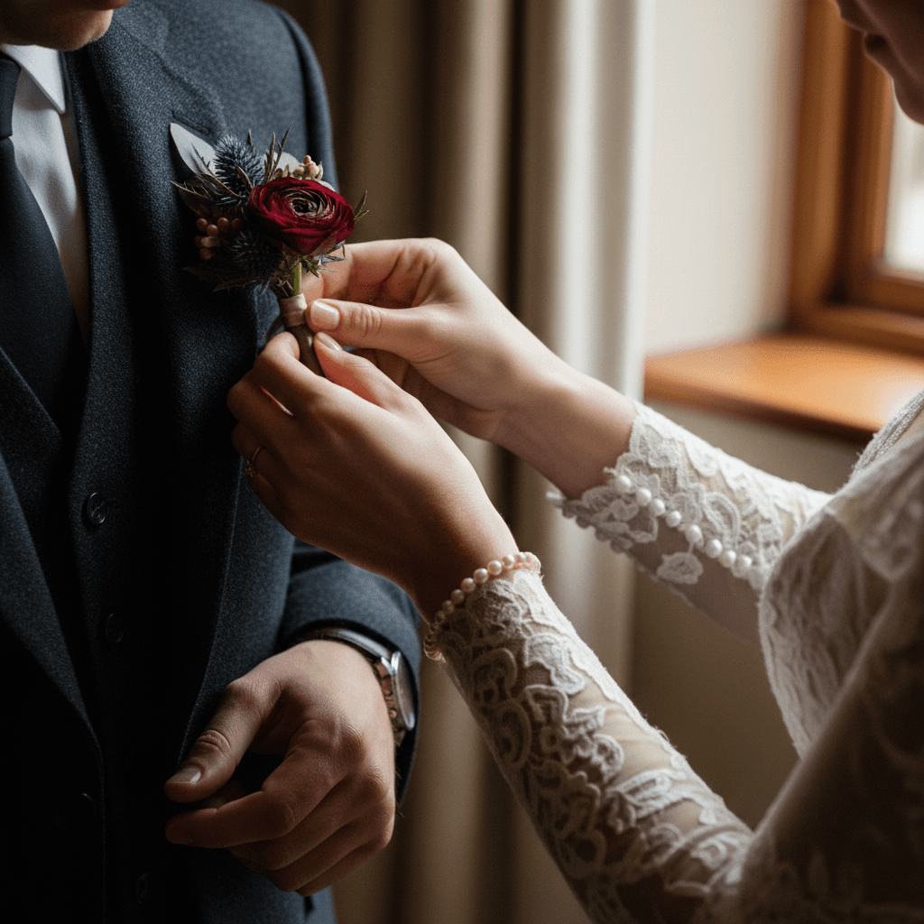 Close-up of bride's hands adjusting groom's boutonniere in soft window light before ceremony