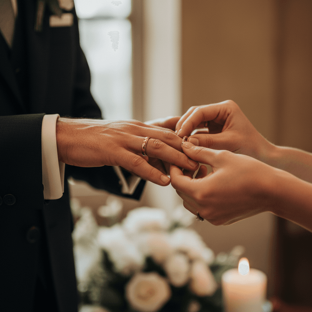 Bride placing gold wedding ring on groom's finger in close-up, soft natural light on jewelry