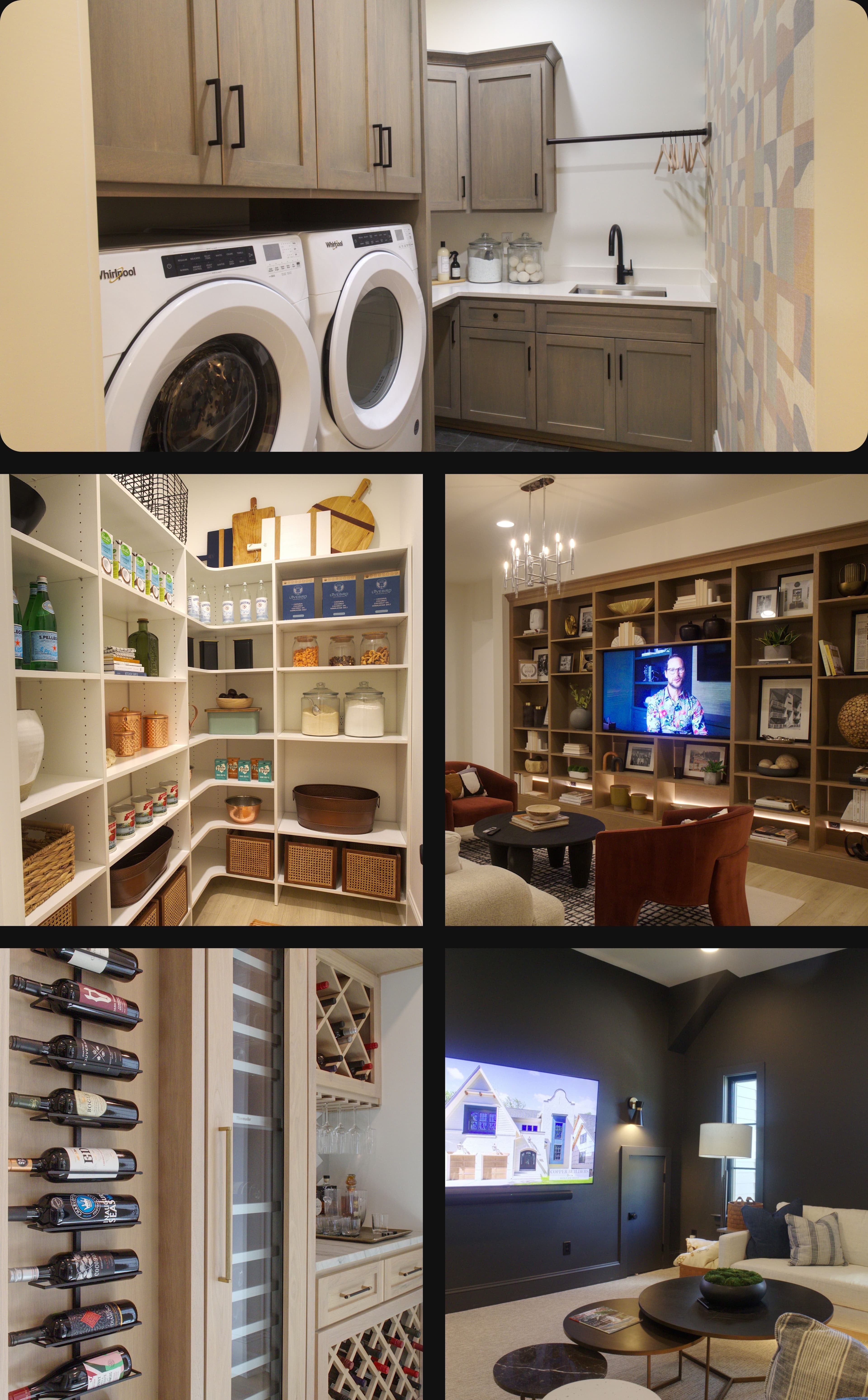 Six-panel collage of modern home interiors featuring a laundry room, organized pantry, and living spaces.