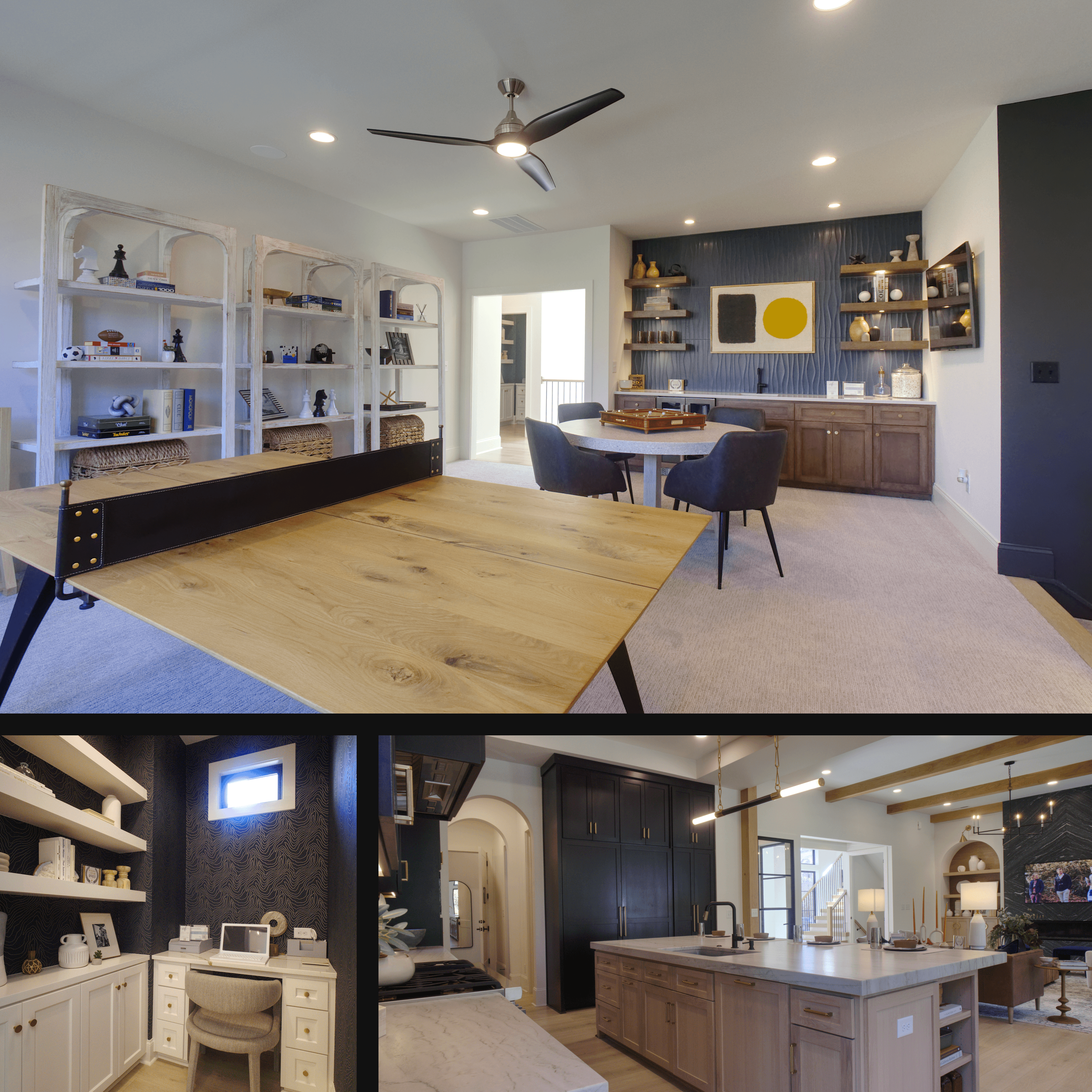 Collage of modern home interiors featuring a game room, home office, and a large kitchen.