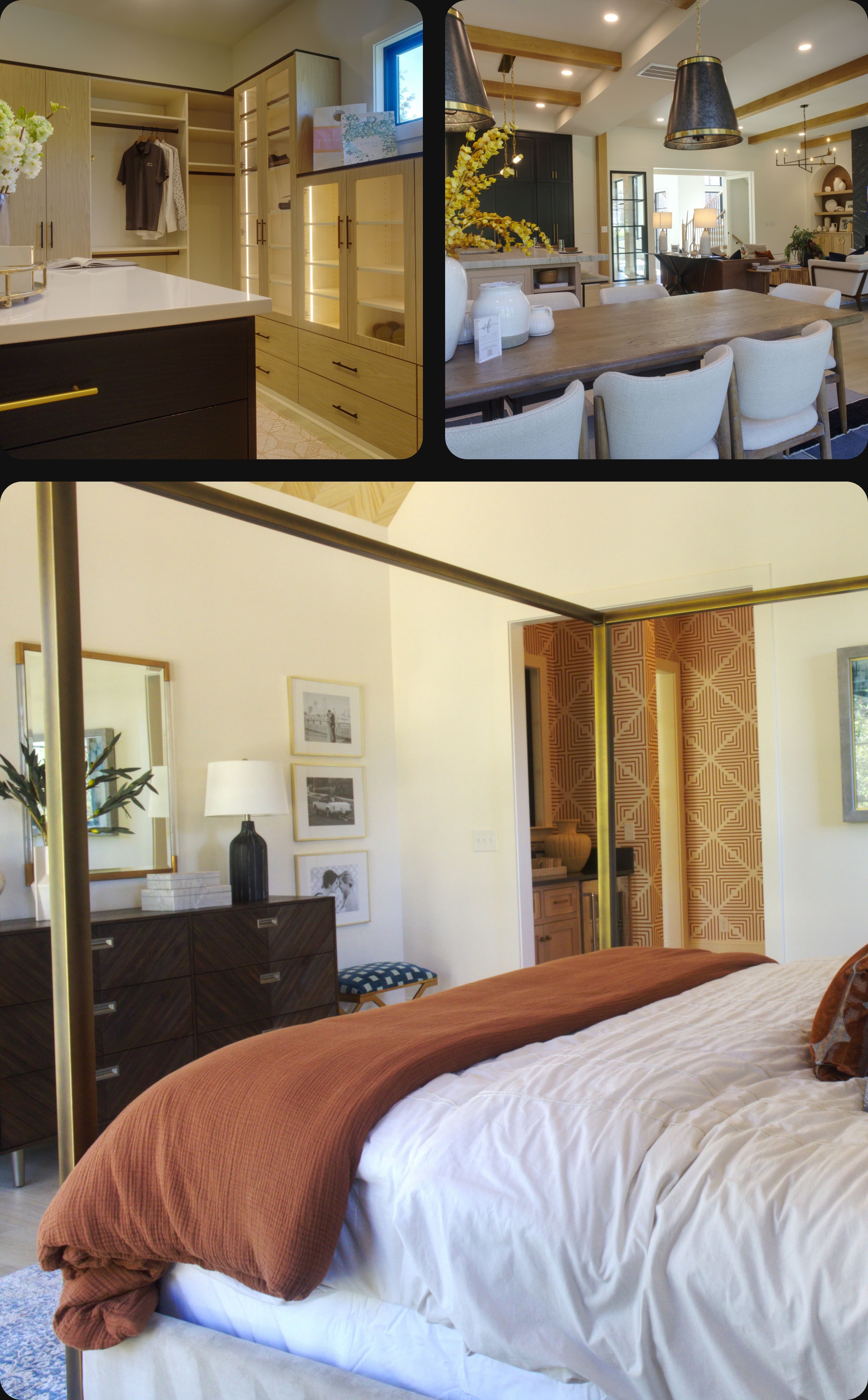 Collage of modern home interiors featuring a walk-in closet, dining area, and bedroom.
