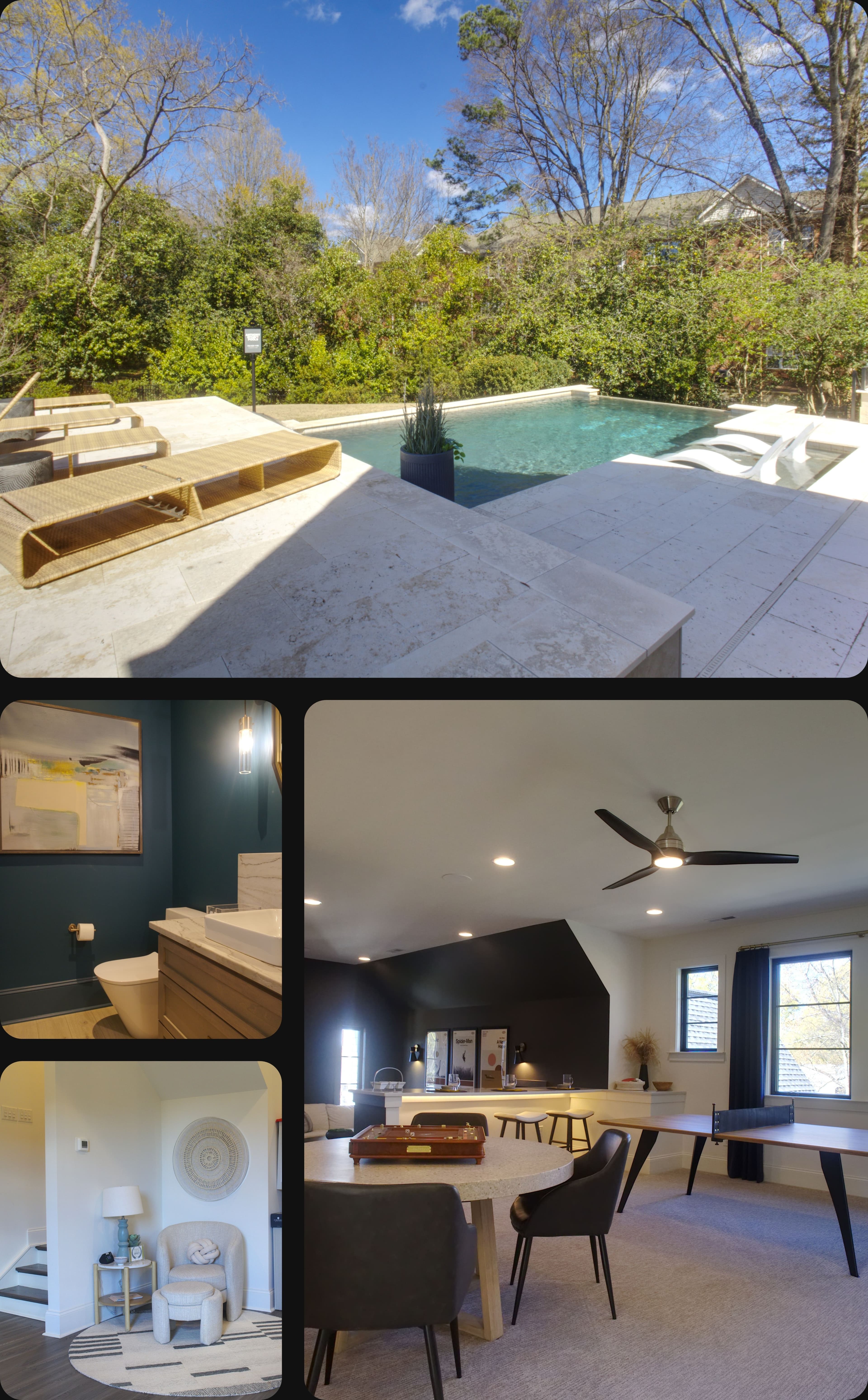 Collage of a modern home featuring an outdoor pool, bathroom, reading nook, and game room.