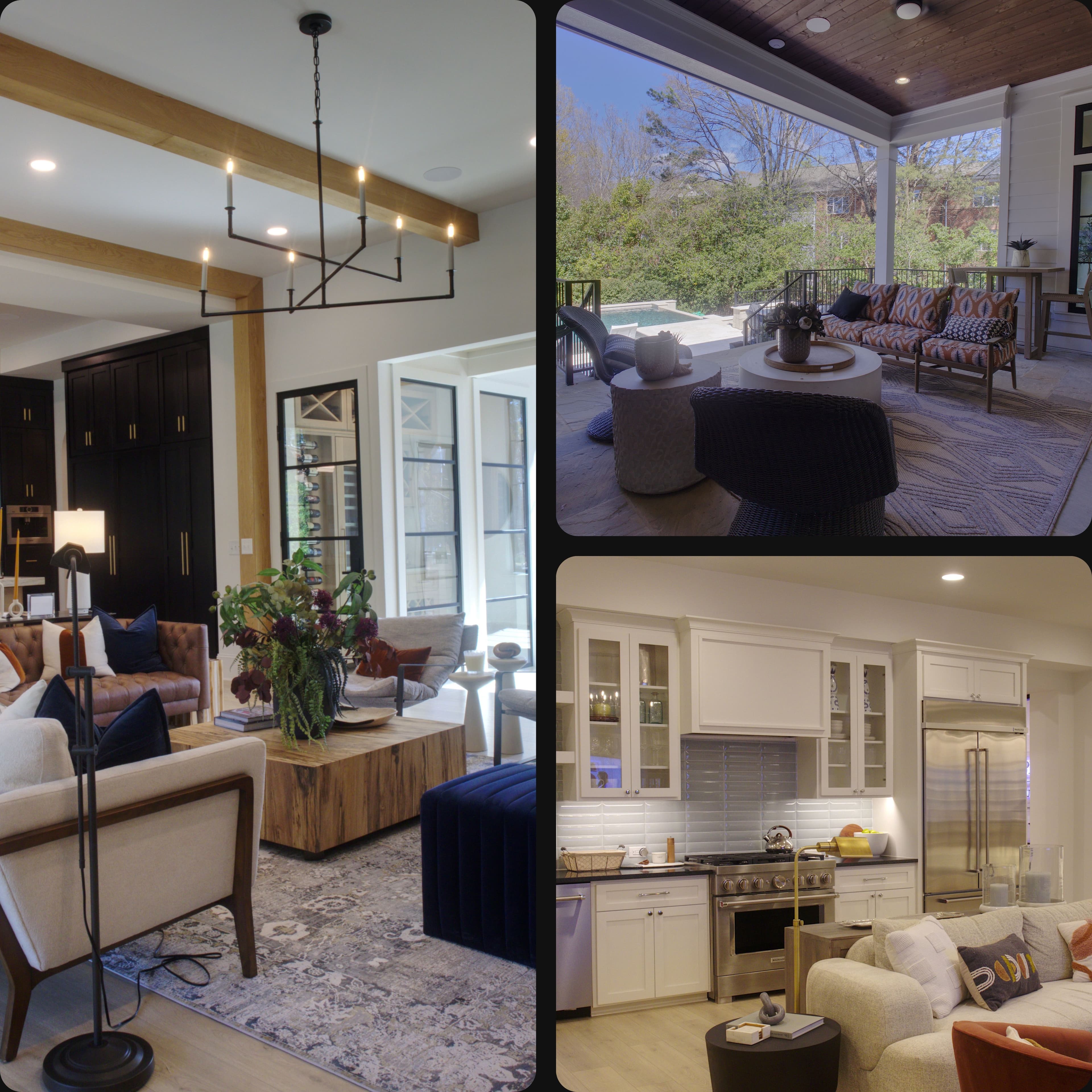Collage featuring a modern living room, a covered outdoor patio, and a stylish white kitchen.