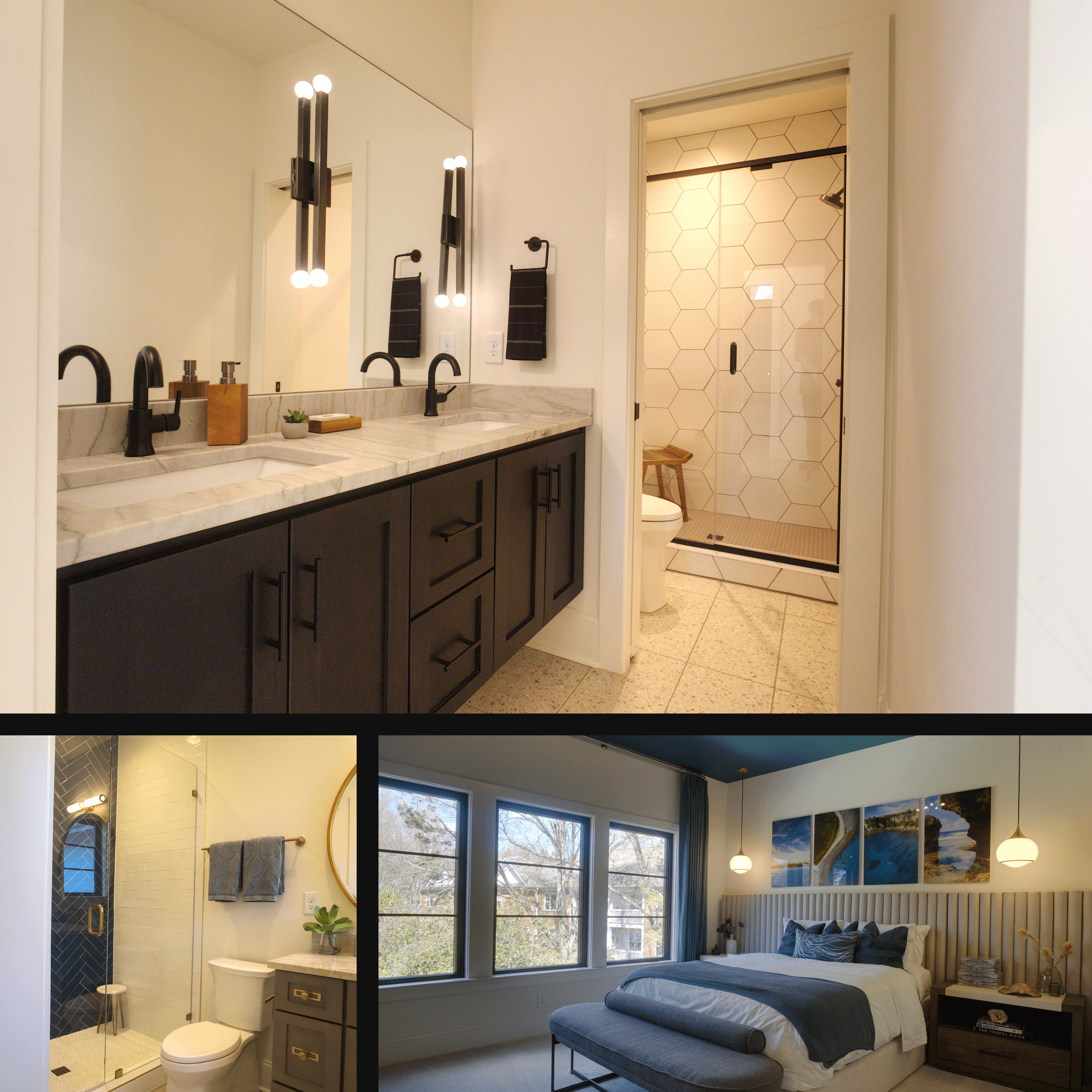 Collage of modern home interiors featuring two stylish bathrooms and a bright, contemporary bedroom.